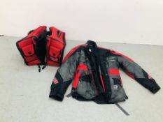 A PAIR OF OXFORD SOVEREIGN MOTORCYCLE PANNIERS ALONG WITH SHOEL XL MOTORCYCLE JACKET