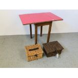 FORMICA DROP LEAF TABLE ALONG WITH TWO WICKER PICNIC BASKETS.
