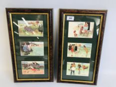 TWO FRAMED AND MOUNTED TOM B "SEASIDE" COMICAL POSTCARD DISPLAYS.