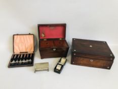 COLLECTION OF VINTAGE BOXES TO INCLUDE MAHOGANY TEA CADDY, ROSEWOOD BOX, BOXED CUTLERY,