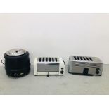 A DUALIT SIX SLICE COMMERCIAL TOASTER AND A BURCO STAINLESS STEEL SIX SLICE TOASTER AND A BUFFALO