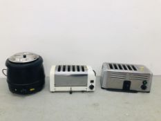 A DUALIT SIX SLICE COMMERCIAL TOASTER AND A BURCO STAINLESS STEEL SIX SLICE TOASTER AND A BUFFALO