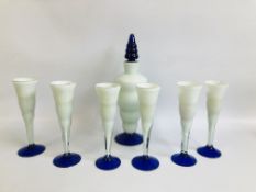 SET OF 6 ART GLASS DRINKING GLASSES ALONG WITH A MATCHING DECANTER MARKED "HECHO A. MANO".