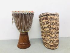 AN ORIGINAL WEST AFRICAN DRUM, IN PROTECTIVE SOFT CASE HEIGHT 66CM.