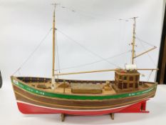 A VINTAGE HAND BUILT WOODEN MODEL OF A FISHING TRAWLER "EILEEN" NO. 96 LENGTH 85CM. HEIGHT 66CM.