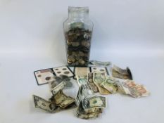 LARGE JAR OF ASSORTED COINS AND BANKNOTES