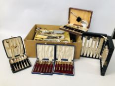 BOX OF ASSORTED CUTLERY TO INCLUDE CASED AND LOOSE EXAMPLES, ETC.