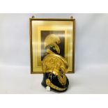 REPRODUCTION AUSTRIAN EMPIRE DRAGON OFFICERS HELMET ALONG WITH A FRAMED PRINT RELATING TO HELMET -