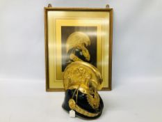 REPRODUCTION AUSTRIAN EMPIRE DRAGON OFFICERS HELMET ALONG WITH A FRAMED PRINT RELATING TO HELMET -