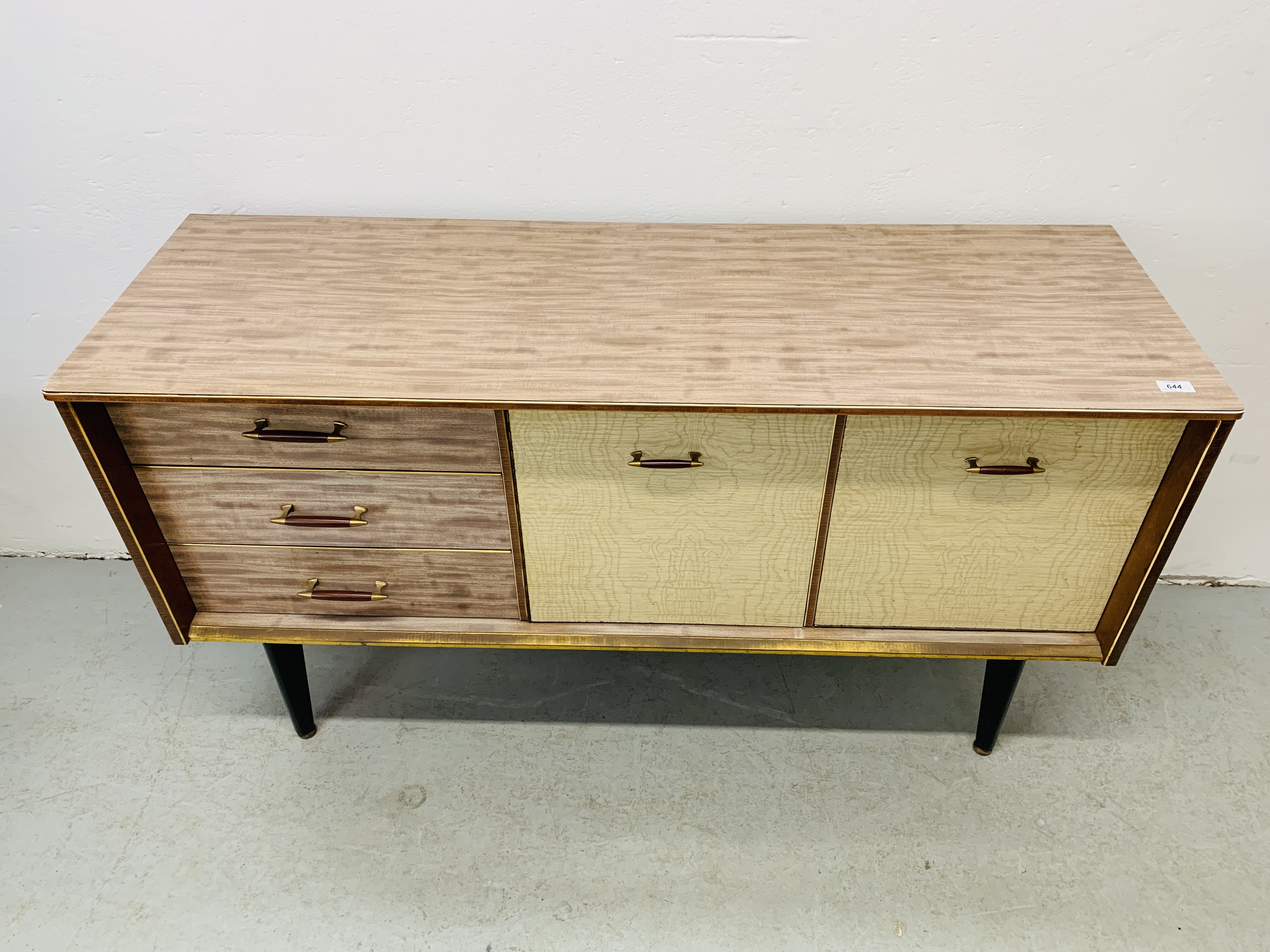 A MID C20th HOME MAKER SIDEBOARD THREE DRAWER CABINET COMBINATION WIDTH 136CM. DEPTH 45CM. - Image 2 of 9