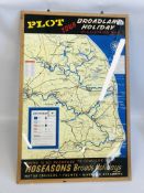 A FRAMED BROADLAND HOLIDAY ON A BLUE BIRD POSTER MAP 1970'S HEIGHT 81.5CM. WIDTH 52.5CM.