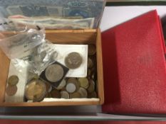BOX OF COINS AND A FEW BANKNOTES, 1985 DELUXE PROOF SET ETC.
