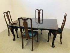 QUEEN ANNE STYLE EXTENDING DINING TABLE AND FOUR CHAIRS.