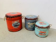 A SET OF THREE GRADUATED REPRODUCTION ADVERTISING STORAGE BARREL SEATS.