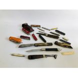 COLLECTION OF ASSORTED POCKET KNIVES TO INCLUDE MANY VINTAGE HORN HANDLED, ETC.