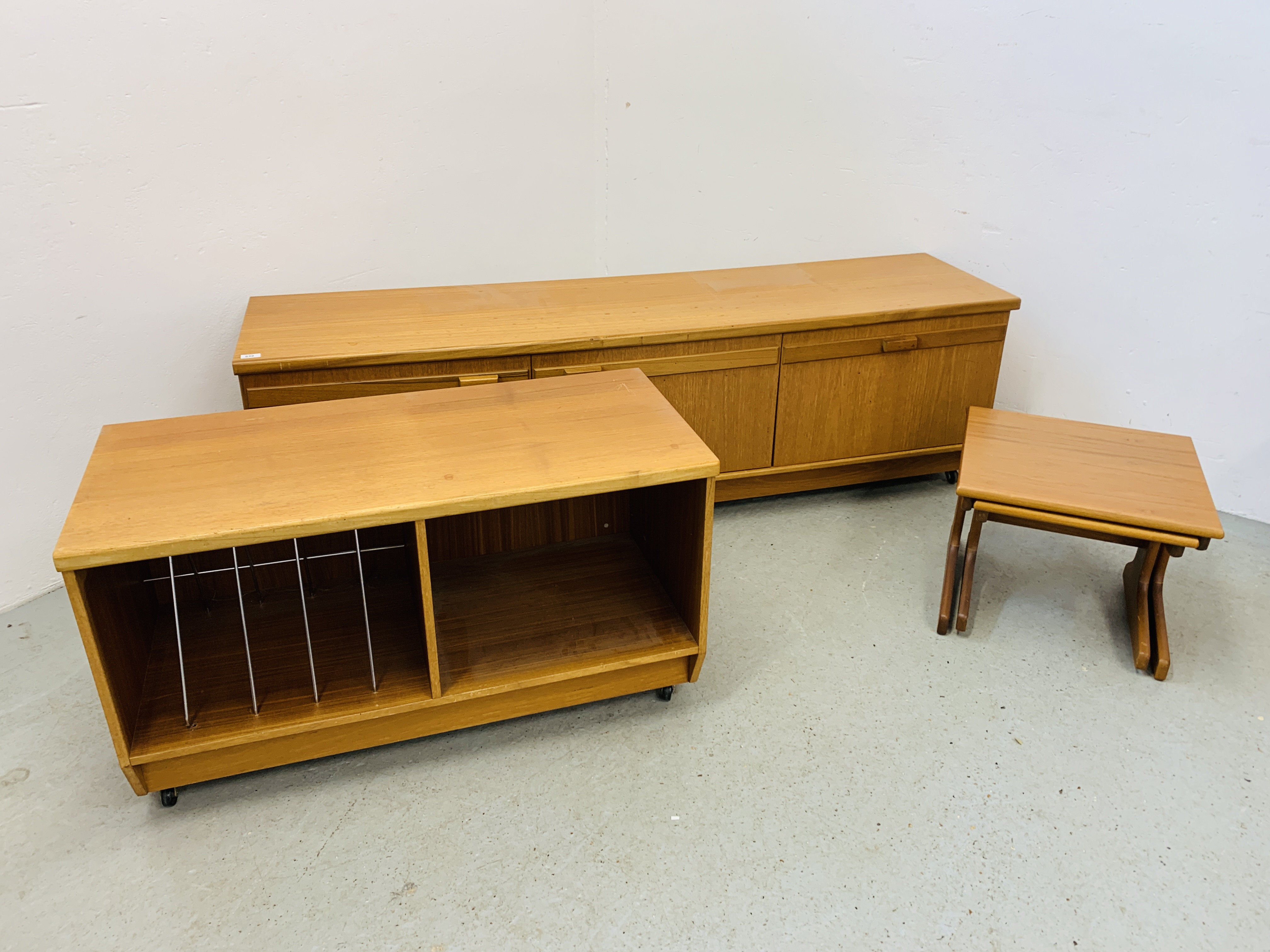 TWO MID CENTURY PORTWOOD FURNITURE LOW LEVEL TEAK FINISH SIDEBOARDS + TWO GRADUATED TEAK FINISH