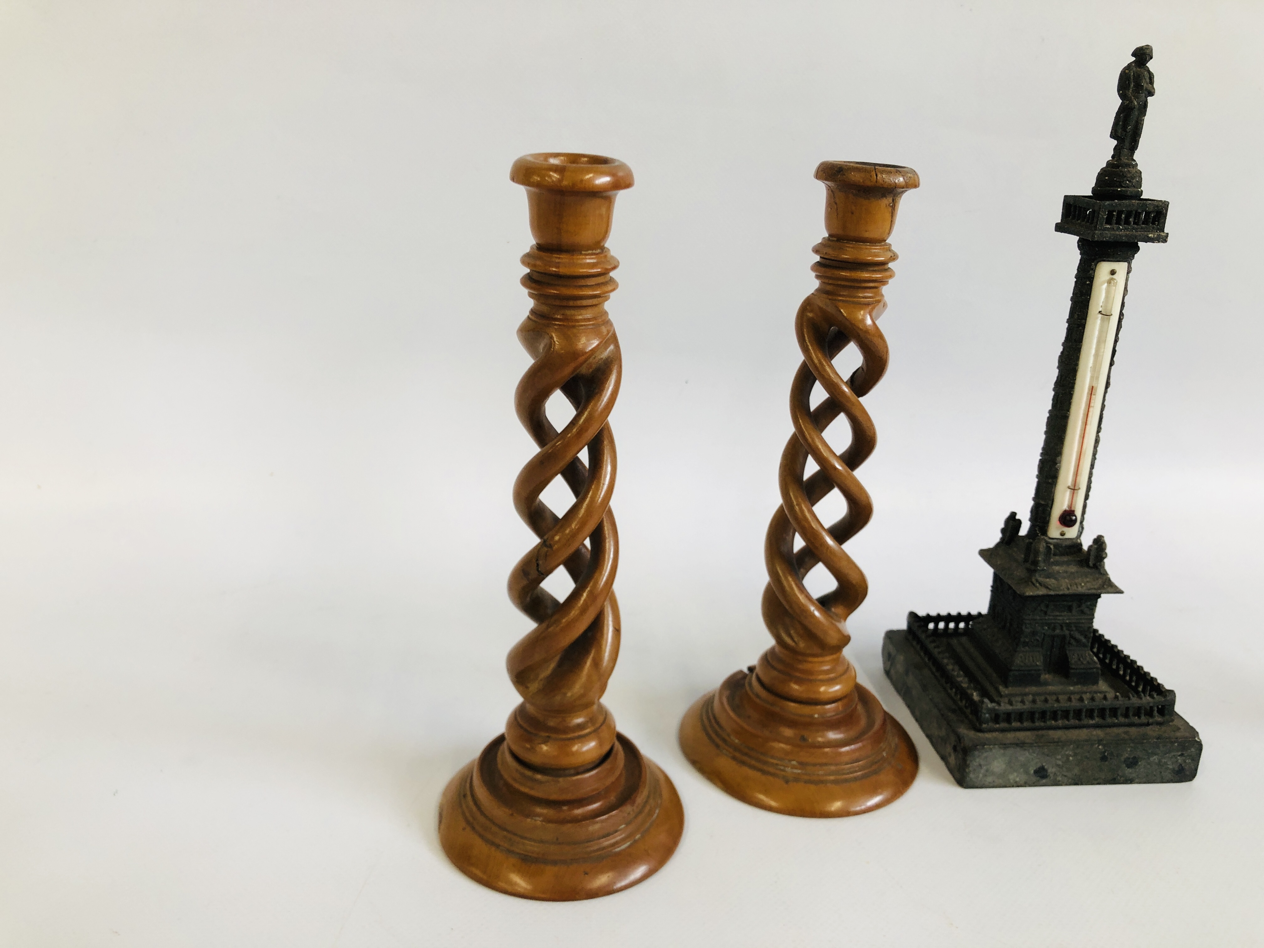 PAIR OF TREEN TWIST CANDLESTICKS, NAPOLEON THERMOMETER, BRASS TIGER AND NAPOLEON - Image 6 of 9