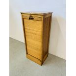 A VINTAGE HARDWOOD TAMBOUR FRONT MULTI DRAWER FILING CABINET W 48CM, D 36CM, H 111CM.