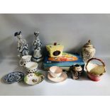 SELECTION OF CONTINENTAL FIGURINES, VASES, BASKETS ETC TO INCLUDE SUSIE COOPER,