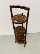 MAHOGANY 3 TIER FOLDING CAKE STAND THE TIERS WITH HAND CARVED DECORATION.