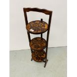 MAHOGANY 3 TIER FOLDING CAKE STAND THE TIERS WITH HAND CARVED DECORATION.