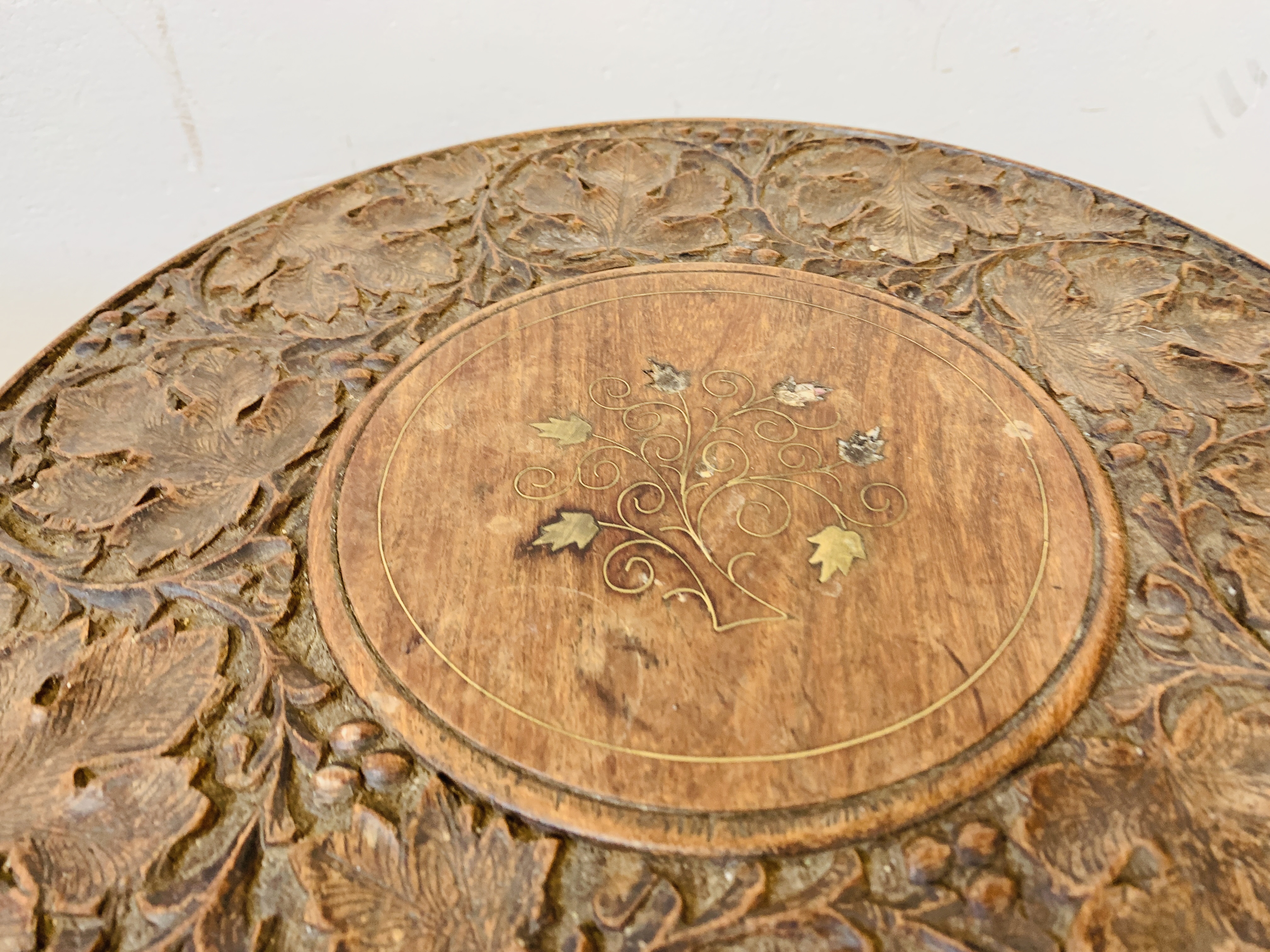TWO HEAVILY CARVED HARDWOOD OCCASIONAL TABLES D 39CM X H 41CM. - Image 4 of 8