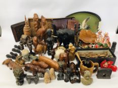 TWO BOXES OF ASSORTED ETHNIC HARDWOOD FIGURES, STATUES AND ANIMALS, ETC.