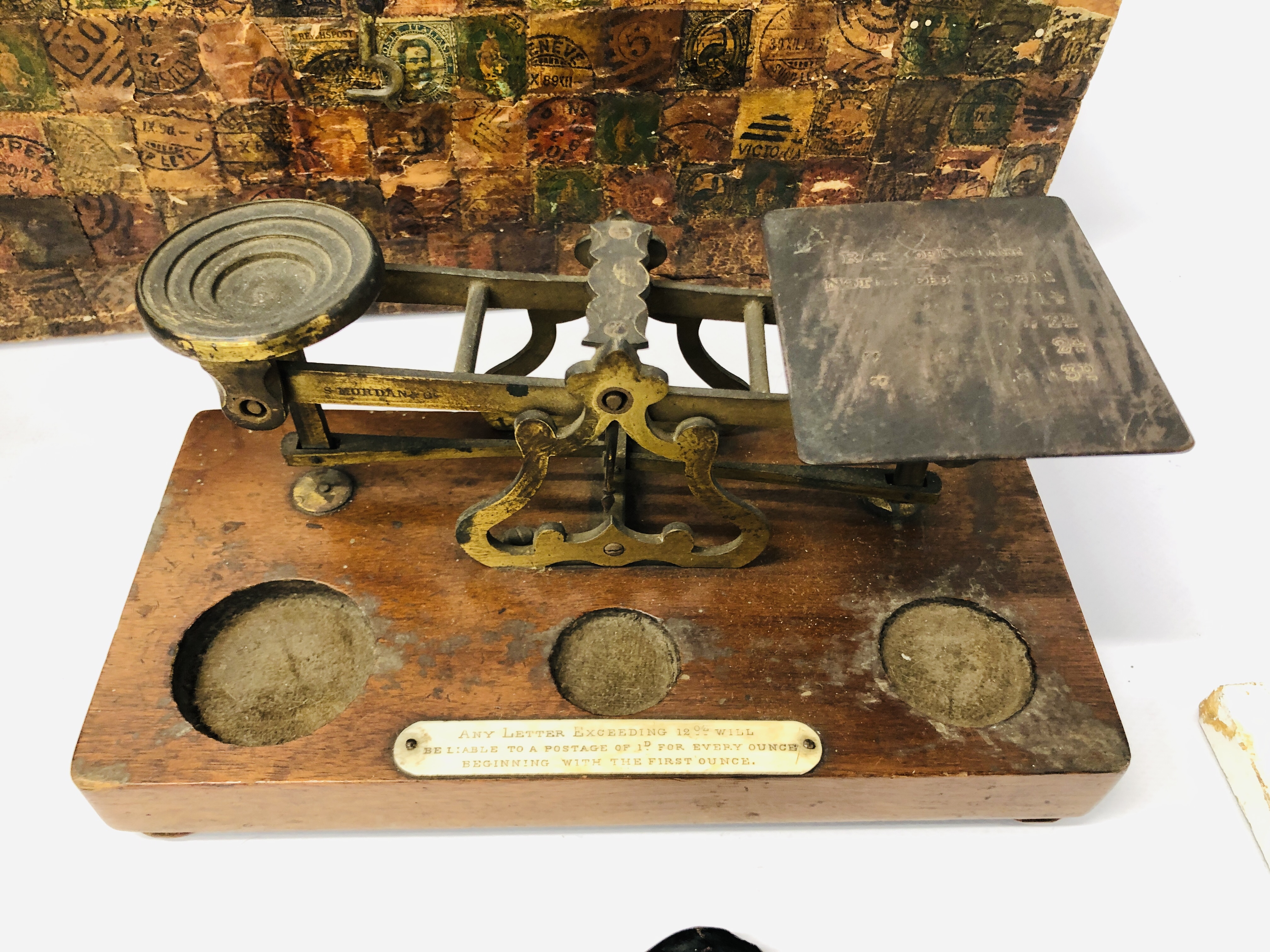 WOODEN BOX COVERED IN POSTAGE STAMPS, VINTAGE BRASS SCALES, BRASS BOUND BRANDY BARREL, - Image 7 of 13