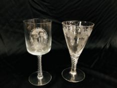 A MODERN AIR TWIST GLASS ENGRAVED WITH A FRUITING VINE HEIGHT 19.5CM.