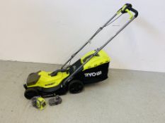 RYOBI ONE PLUS CORDLESS 18 VOLT LAWN MOWER COMPLETE WITH CHARGER AND BATTERY - SOLD AS SEEN