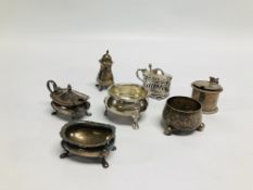 3 X SILVER MUSTARD POTS (NO LINERS) ALONG WITH THREE SILVER SALTS AND A SILVER PEPPER POT