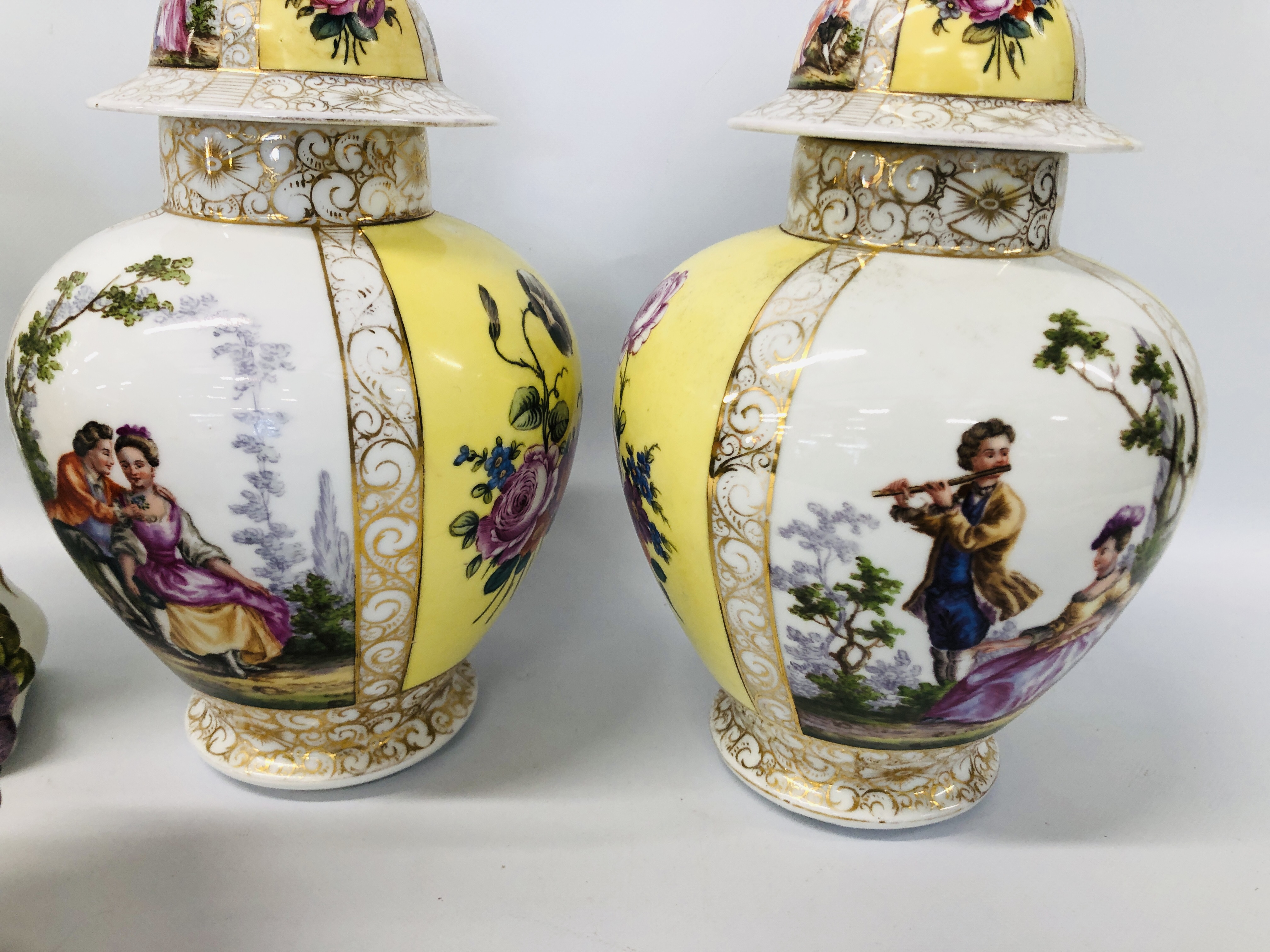 PAIR OF DECORATIVE CONTINENTAL LIDDED URNS, DECORATED WITH CLASSICAL FIGURES AND FLOWER, - Image 3 of 12