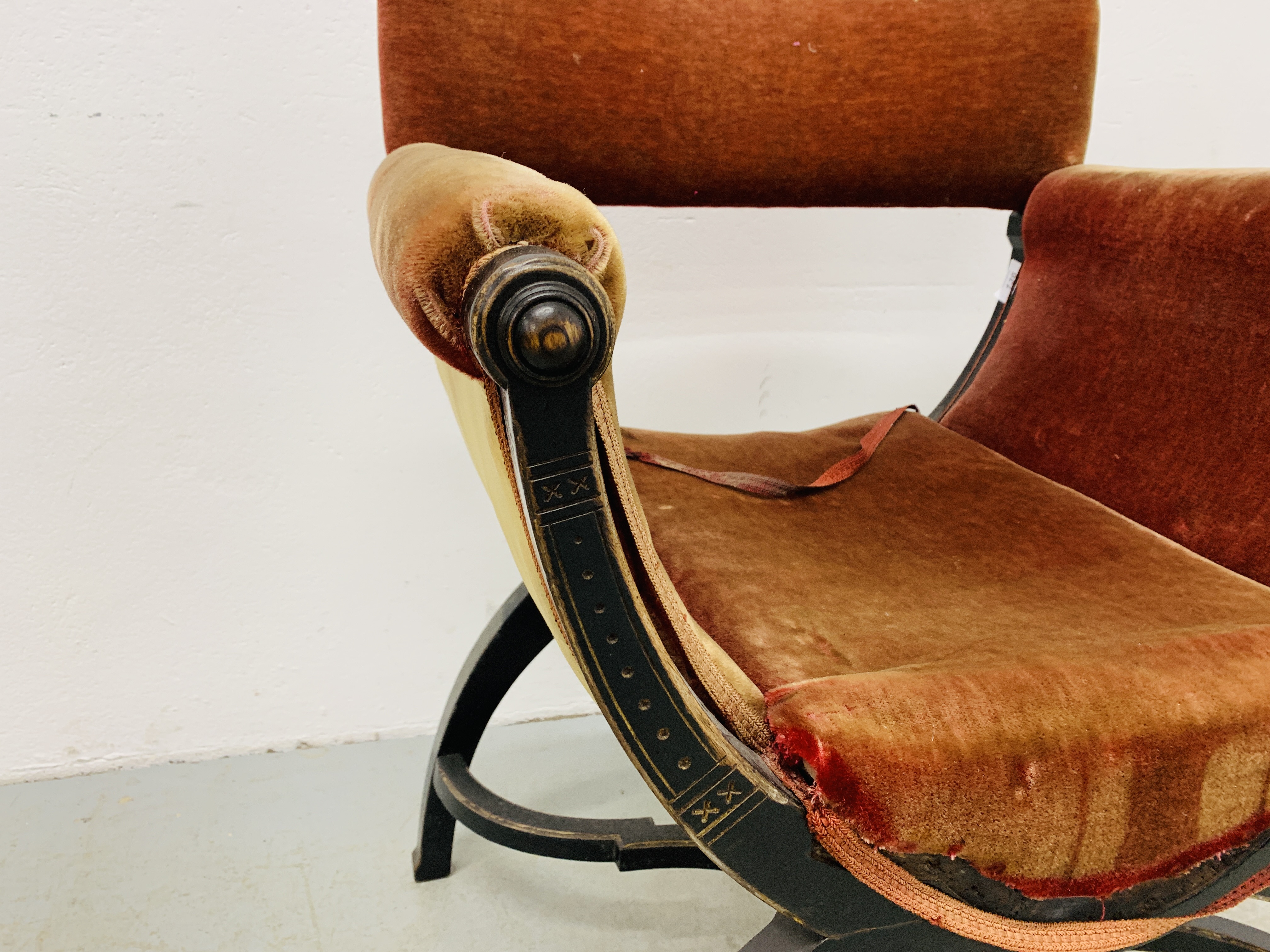 A C19TH EBONISED 'X' FRAME ARMCHAIR, - Image 9 of 9