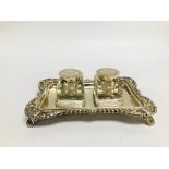 A SILVER INKSTAND, GADROONED, THE 2 INK POTS ENGRAVED PROBABLY BY ROBERT PRINGLE, LONDON, 18.5CM.