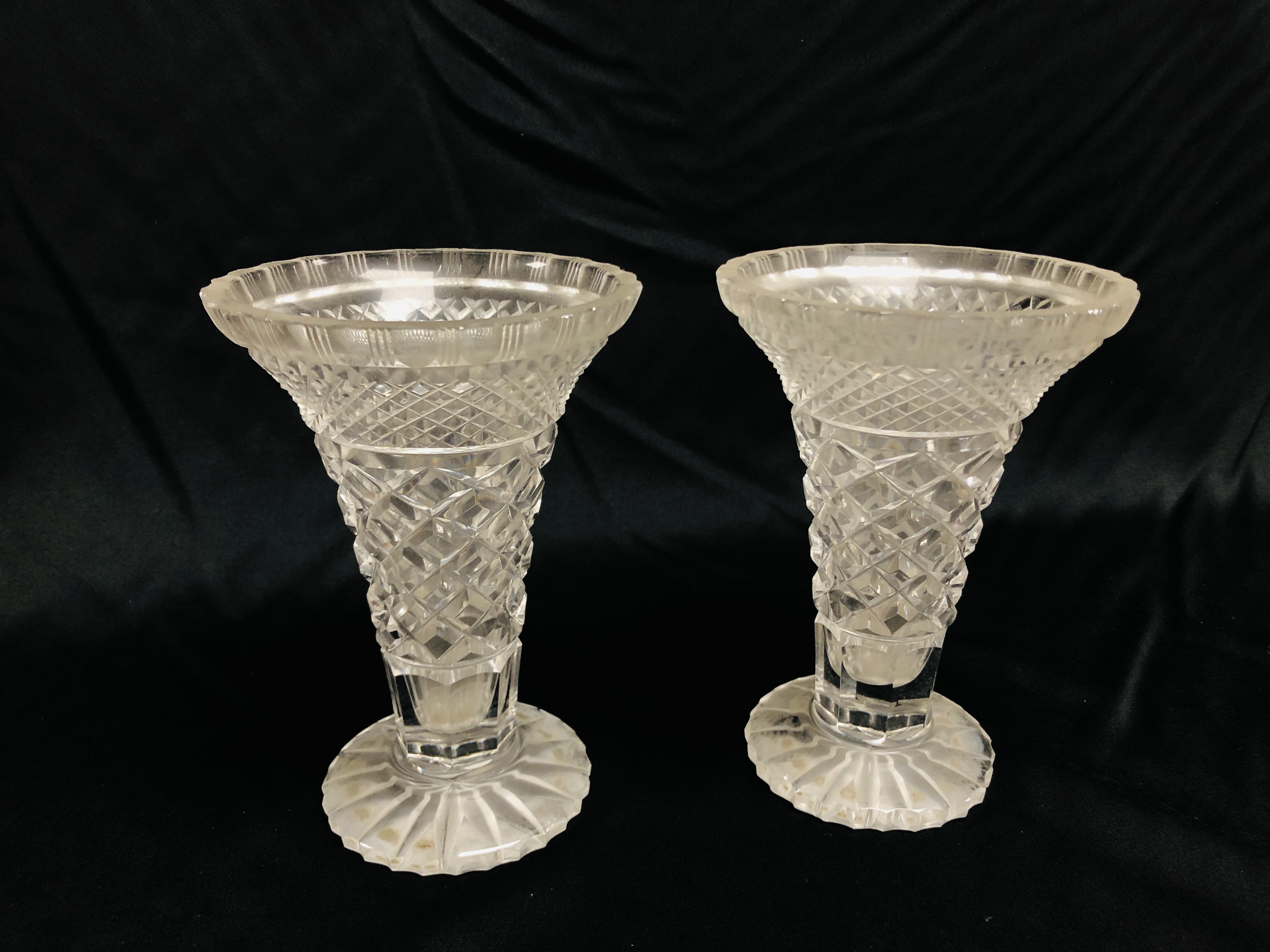 PAIR OF C19TH HOBNAIL CUT TRUMPET VASES HEIGHT 18.5CM.