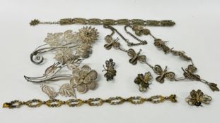 COLLECTION OF FILIGREE JEWELLERY TO INCLUDE BROOCHES, EARRINGS,