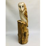 STUDIO CARVED BARN OWL UPON A TREE STUMP HEIGHT 77CM.