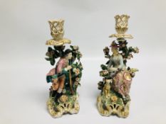 A PAIR OF SAMSON FIGURAL CANDLESTICKS, A HUNTSMAN AND LADY, IMITATION CHELSEA GOLD ANCHOR MARK,