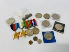 GROUP OF FOUR WW2 MEDALS TO INCLUDE ATLANTIC STAR ALSO A FEW COINS