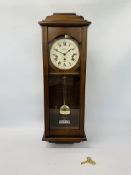 A SEWILLS OF LIVERPOOL MAHOGANY CASED WALL CLOCK WITH PENDULUM AND KEY H 70CM X W 24CM.