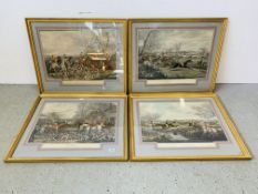 A SET OF 4 HUNTING PRINTS, THE MEET, AWAY, THE BREAK, PARTLY MOUNTED OVER MARGINS, 45.5CM X 60CM.