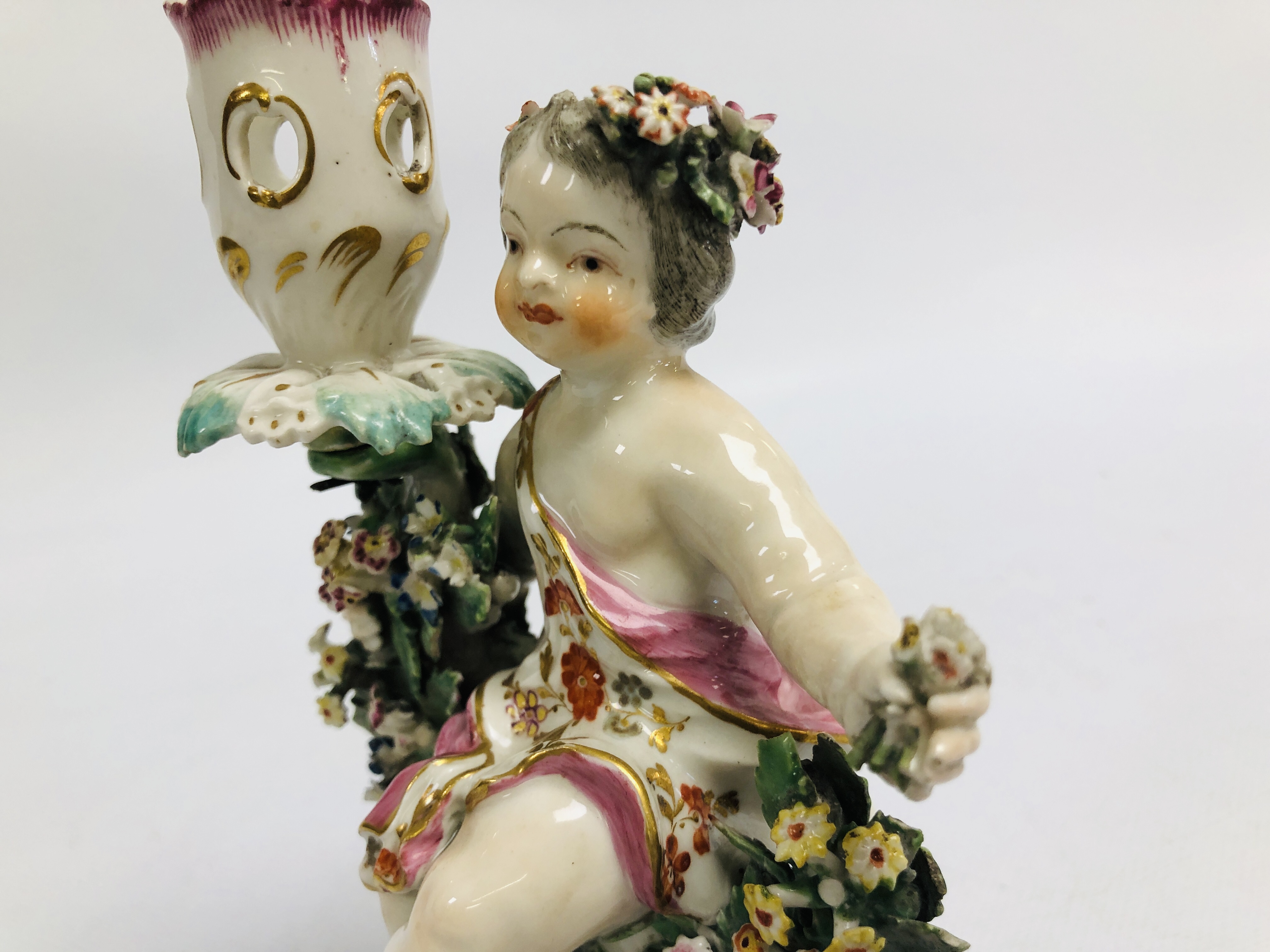A PAIR OF DERBY FIGURAL CANDLESTICKS, THE SEATED BOY AND GIRL HOLDING A BASKET OF FLOWERS, H 17. - Image 9 of 24
