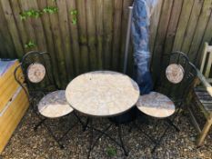 METAL CRAFT BISTRO SET, TILE DETAIL (2 CHAIRS AND TABLE) + PARASOL AND STAND.