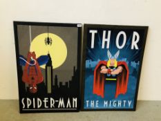 TWO MODERN CANVAS PRINTS OF SPIDER-MAN AND THOR 60CM. X 90CM.