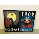 TWO MODERN CANVAS PRINTS OF SPIDER-MAN AND THOR 60CM. X 90CM.