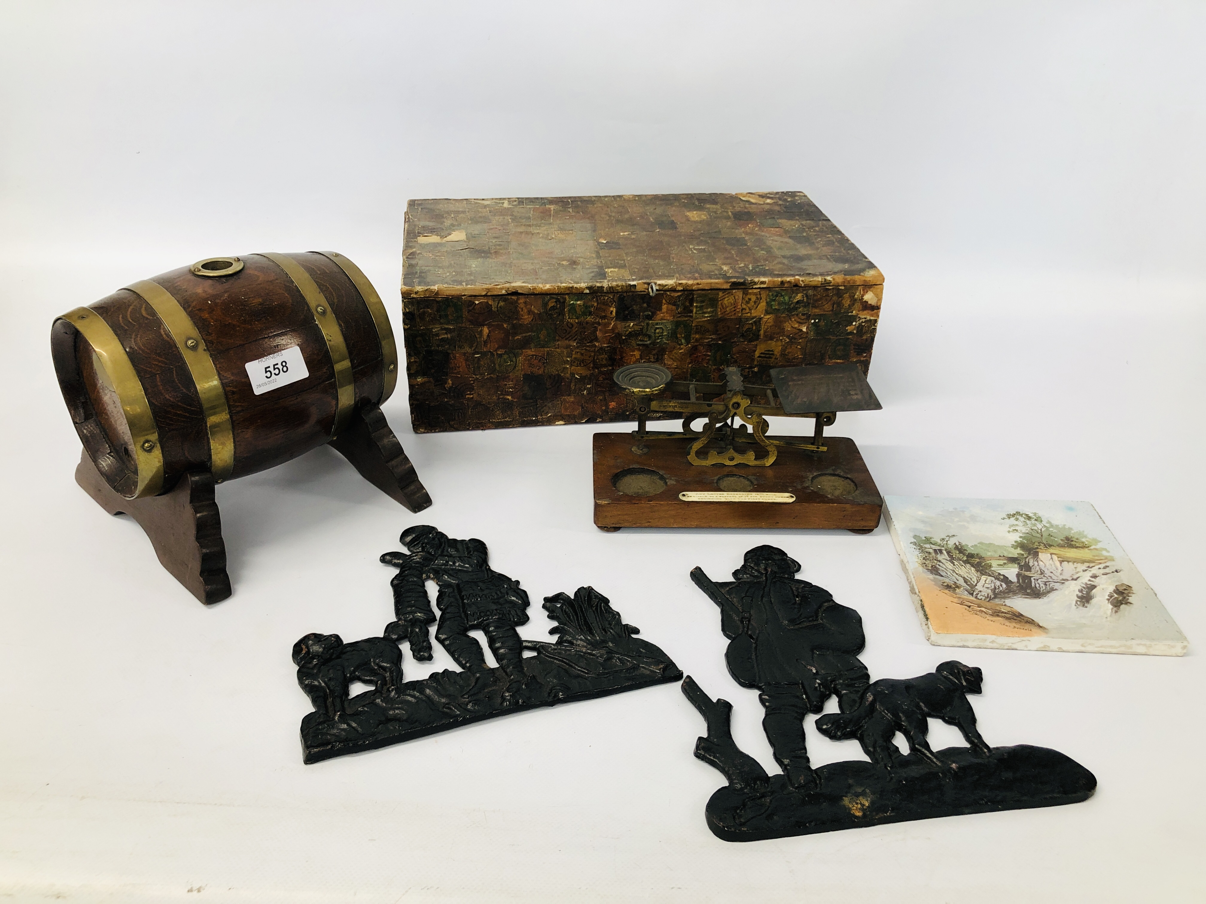 WOODEN BOX COVERED IN POSTAGE STAMPS, VINTAGE BRASS SCALES, BRASS BOUND BRANDY BARREL,