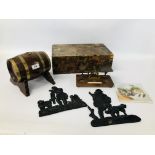 WOODEN BOX COVERED IN POSTAGE STAMPS, VINTAGE BRASS SCALES, BRASS BOUND BRANDY BARREL,