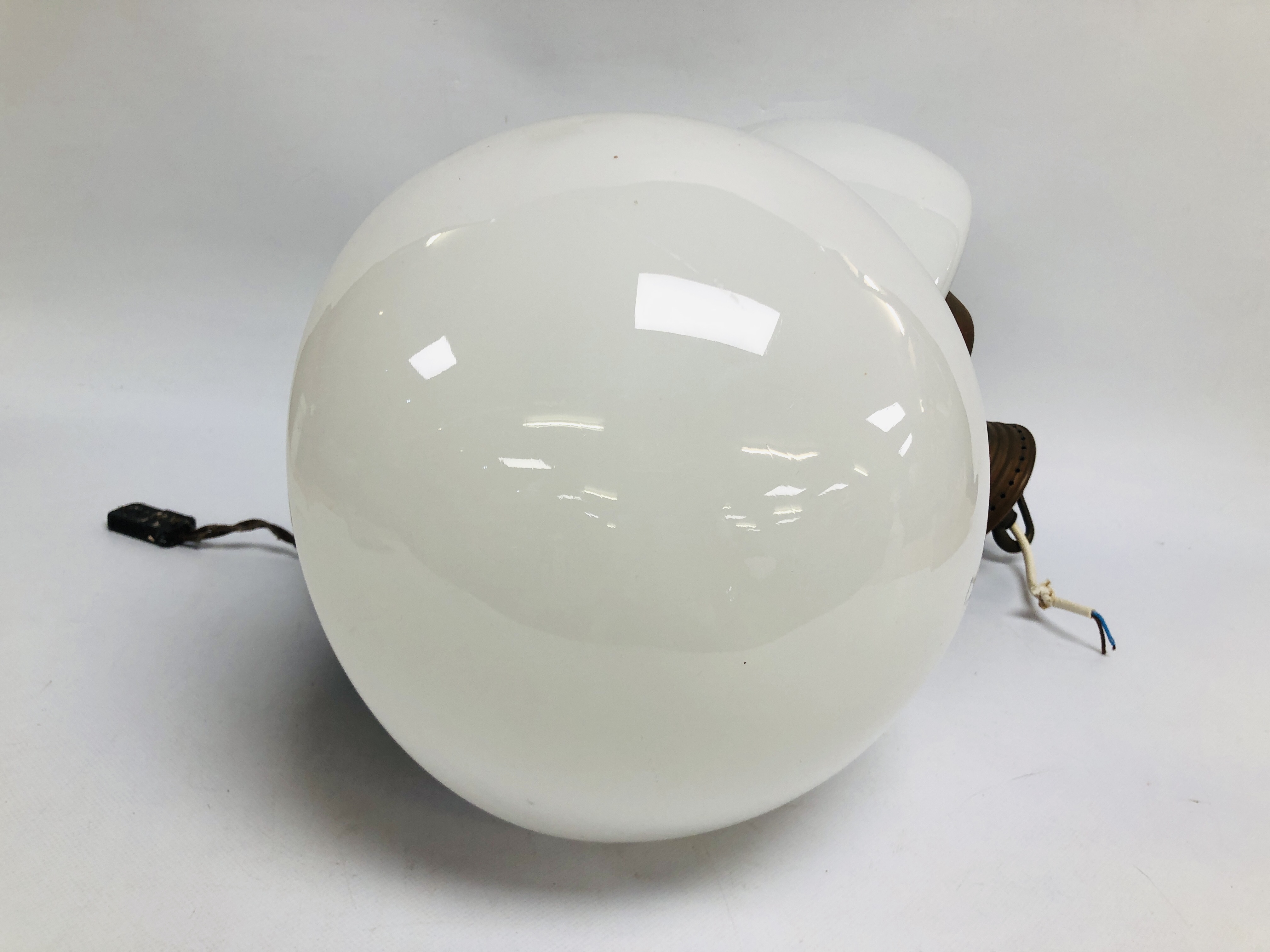 A PAIR OF VINTAGE COPPER AND OPAQUE GLASS DOMED CEILING LIGHTS (GLASS ON ONE HAS A FLAW/CRACK) - - Image 6 of 8