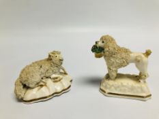 TWO C19th STAFFORDSHIRE ANIMAL MODELS, A RECUMBENT SHEEP AND A POODLE, BOTH DAMAGED AND REPAIRED,