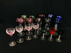 EIGHT BOHEMIAN HOCK / LONG STEMMED WINE GOBLETS (PINK GLASS HAS RIM CHIP) + A FURTHER 2 LARGER +